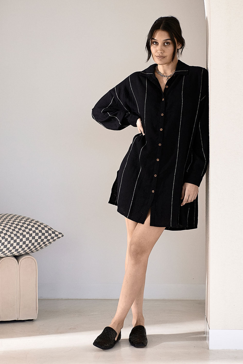 Fundamental Linen Robe - Black w' White Fine Stripe – Eadie Lifestyle