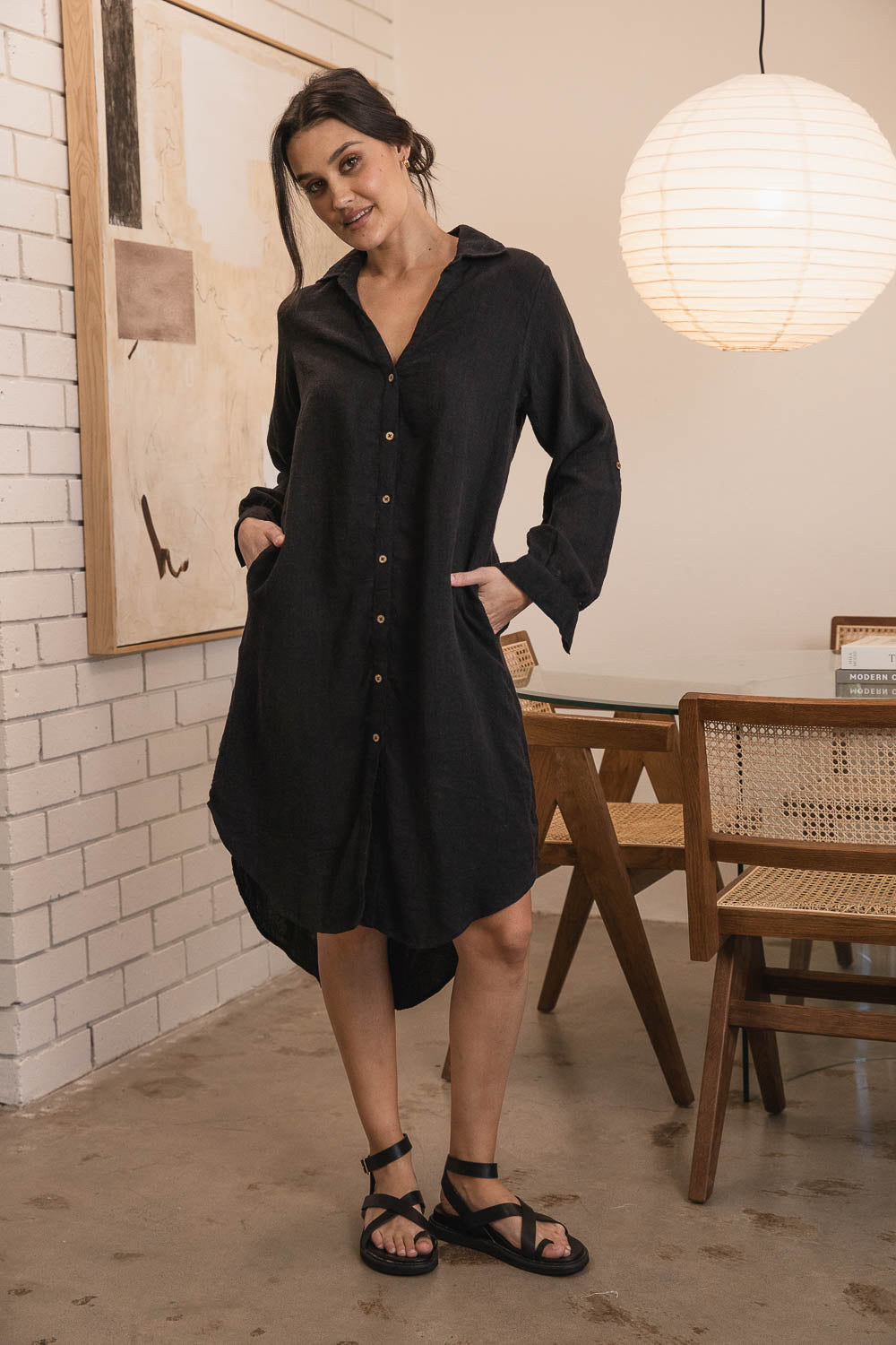 Eadie Lifestyle Linen Shirt Dress in Black