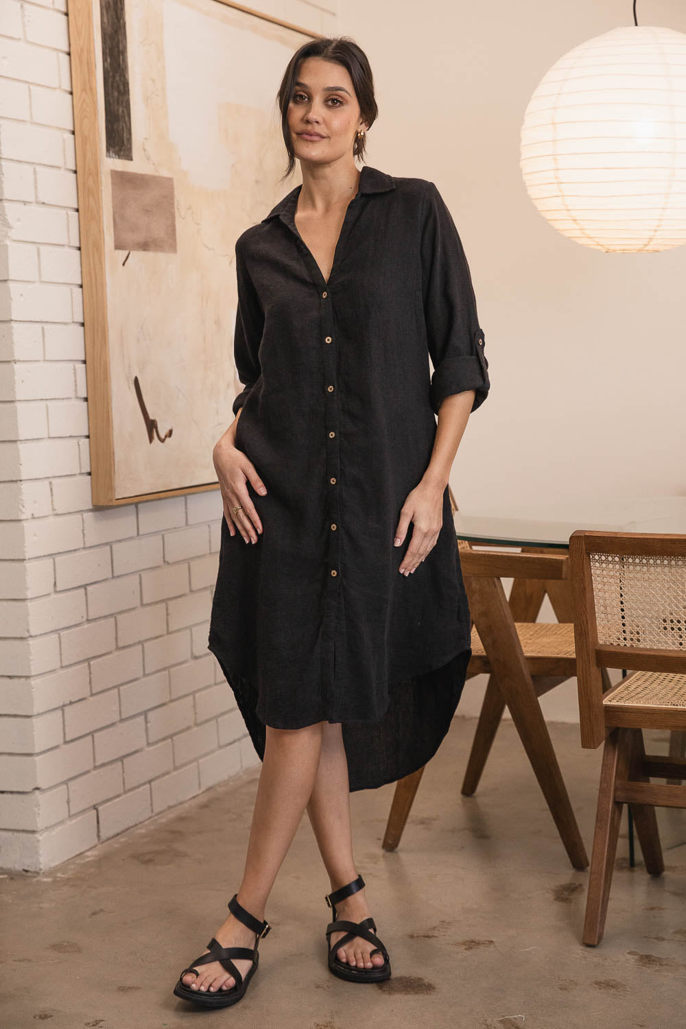 Eadie Lifestyle Linen Shirt Dress in Black