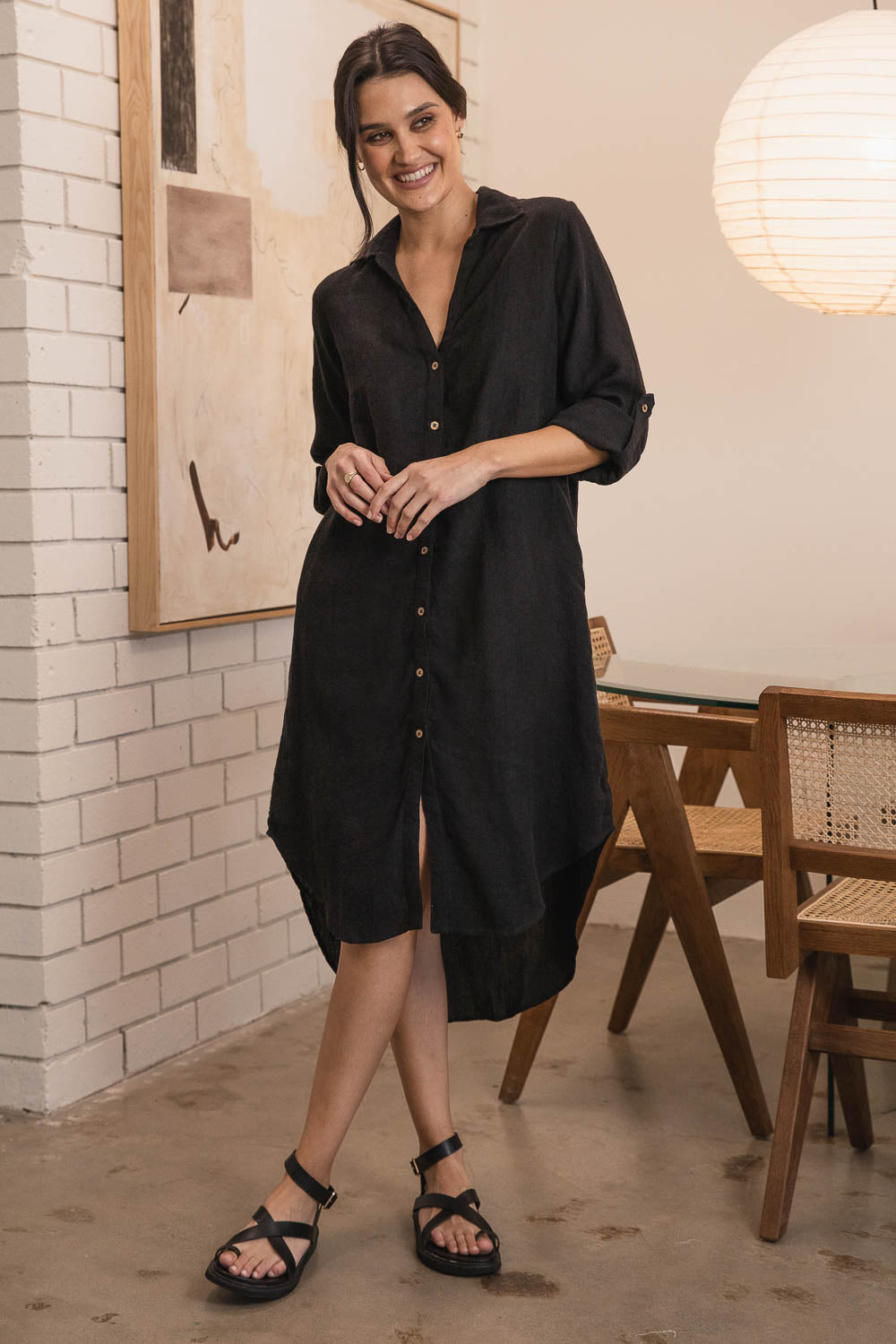 Eadie Lifestyle Linen Shirt Dress in Black