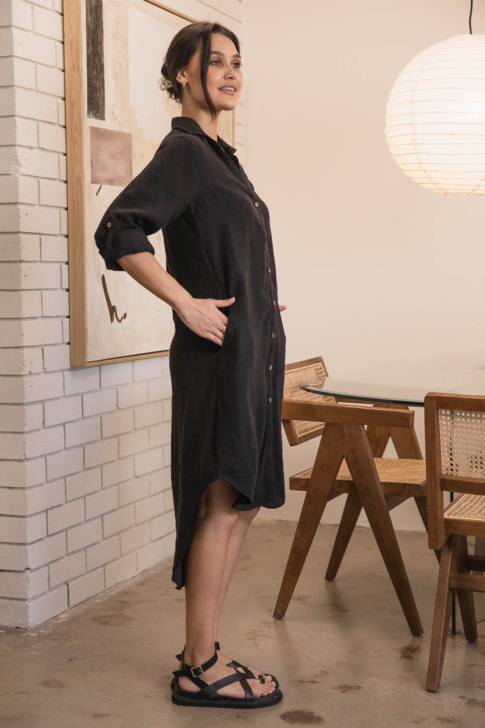 Eadie Lifestyle Linen Shirt Dress in Black