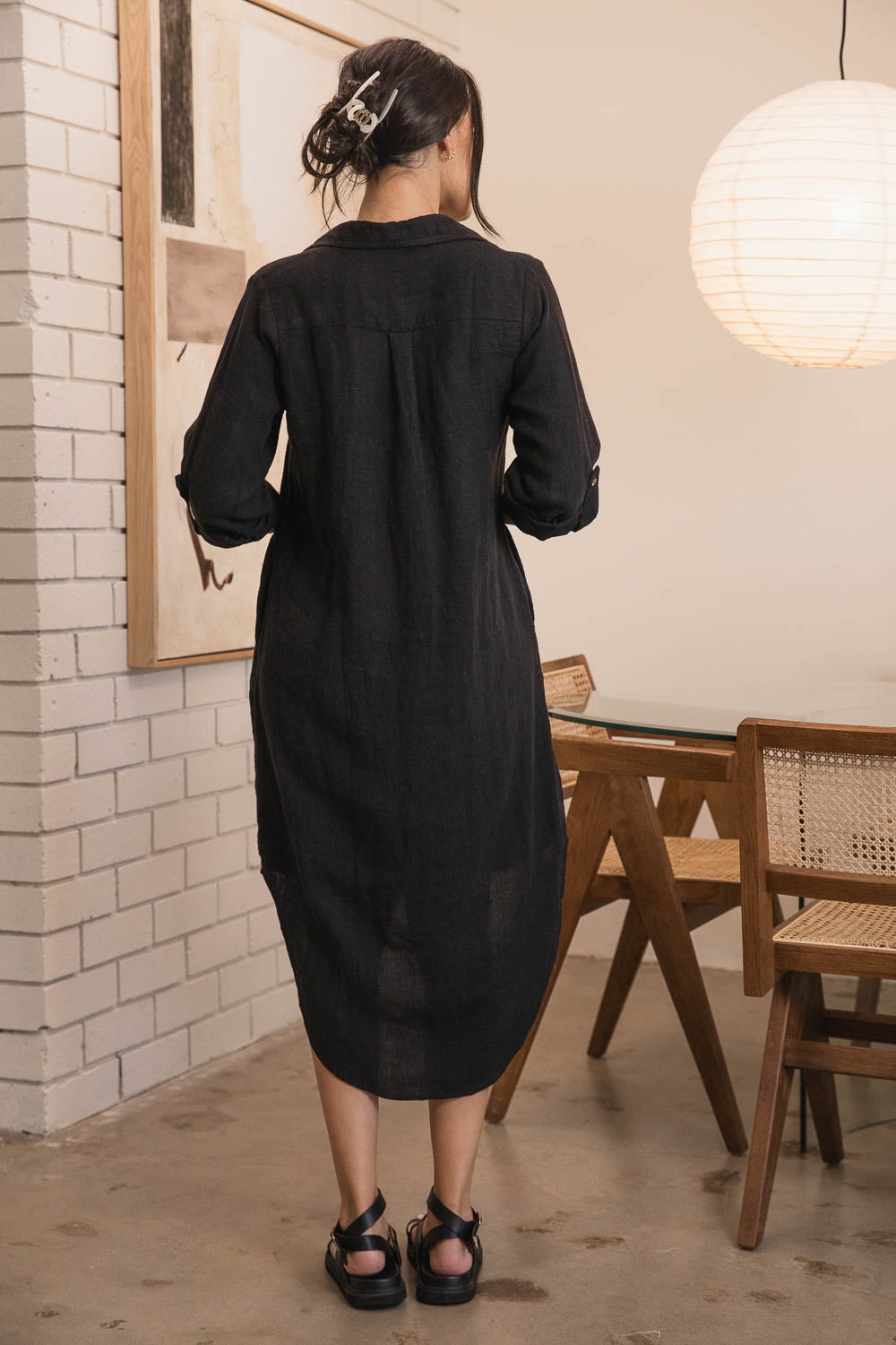 Eadie Lifestyle Linen Shirt Dress in Black