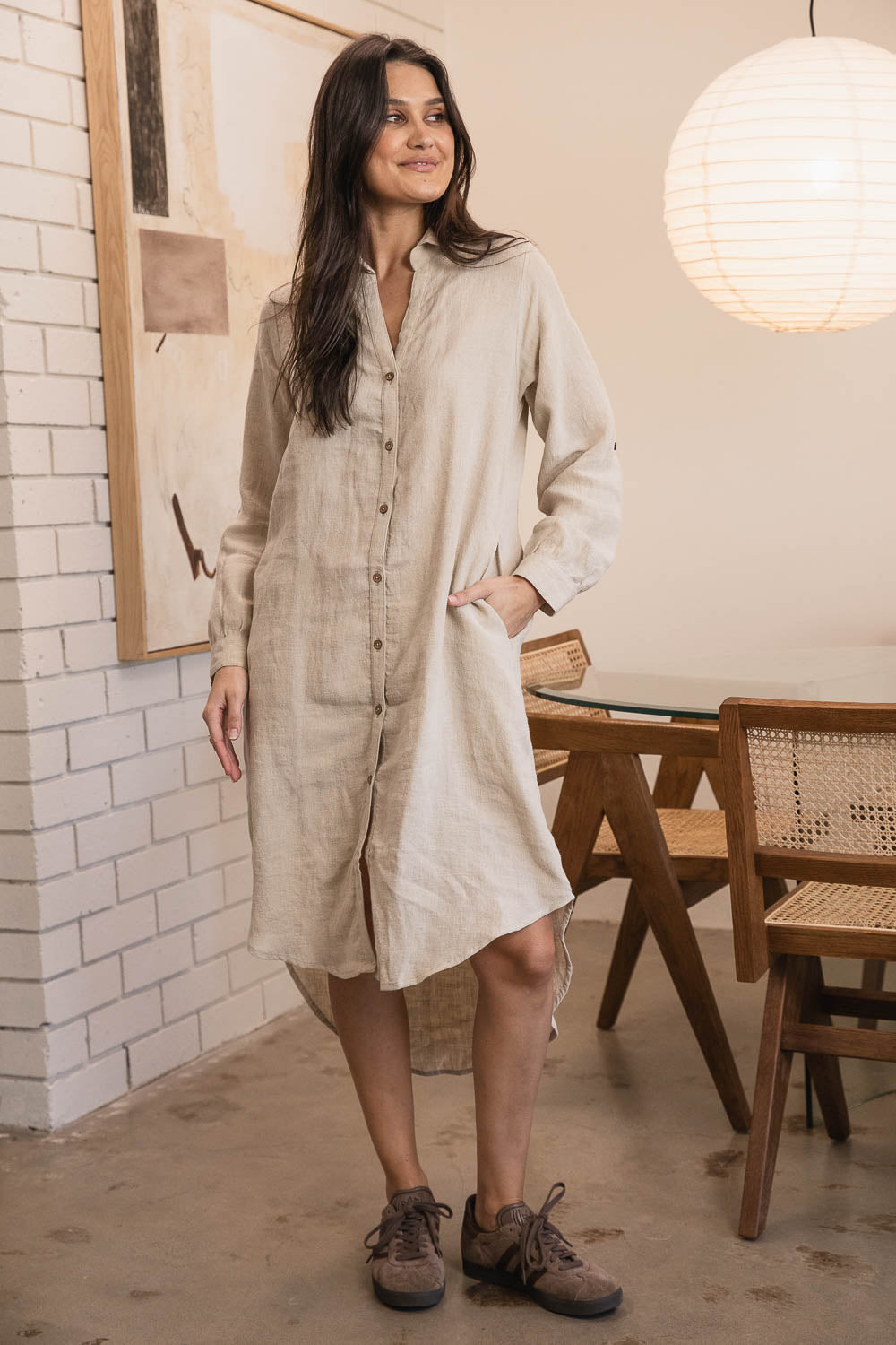 Eadie Lifestyle Linen Shirt Dress in Natural