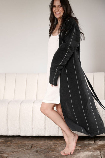 Carter Linen Robe - Black w White Stripe - Eadie Lifestyle