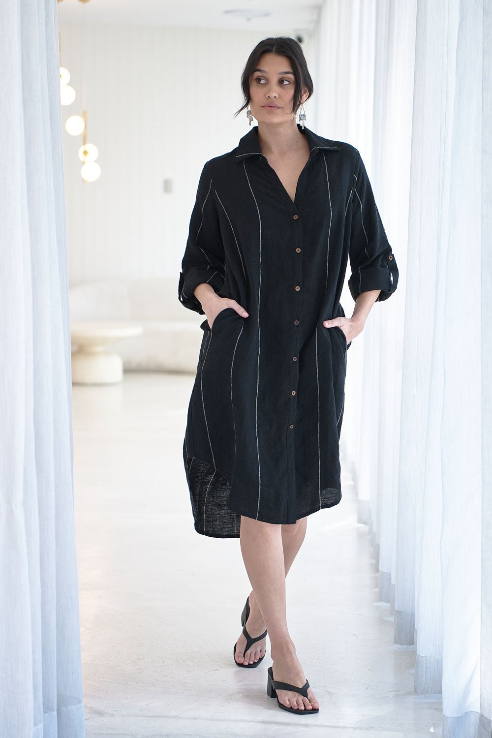 Carter Linen Shirt Dress - Black w&