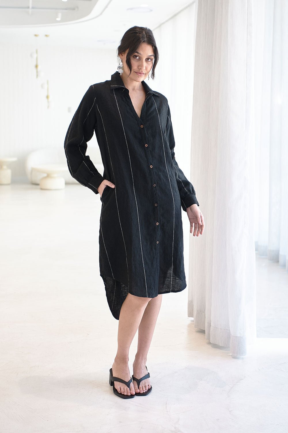 Carter Linen Shirt Dress - Black w&