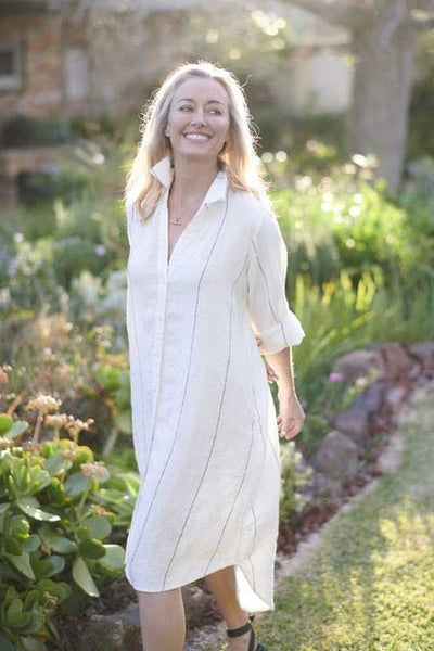 Fundamental Linen Robe - White w' Charcoal Fine Stripe – Eadie Lifestyle