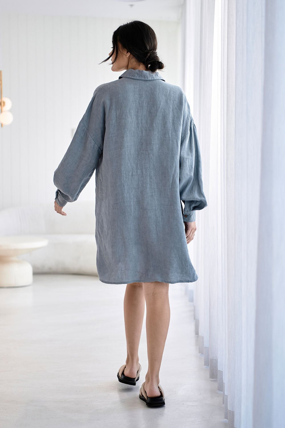 Blue linen shift dress hotsell