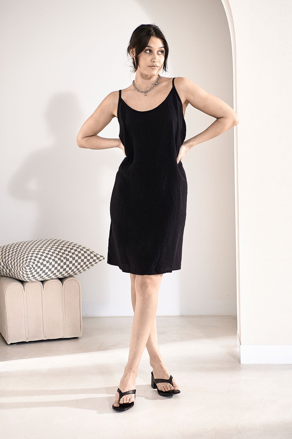 Black linen slip clearance dress