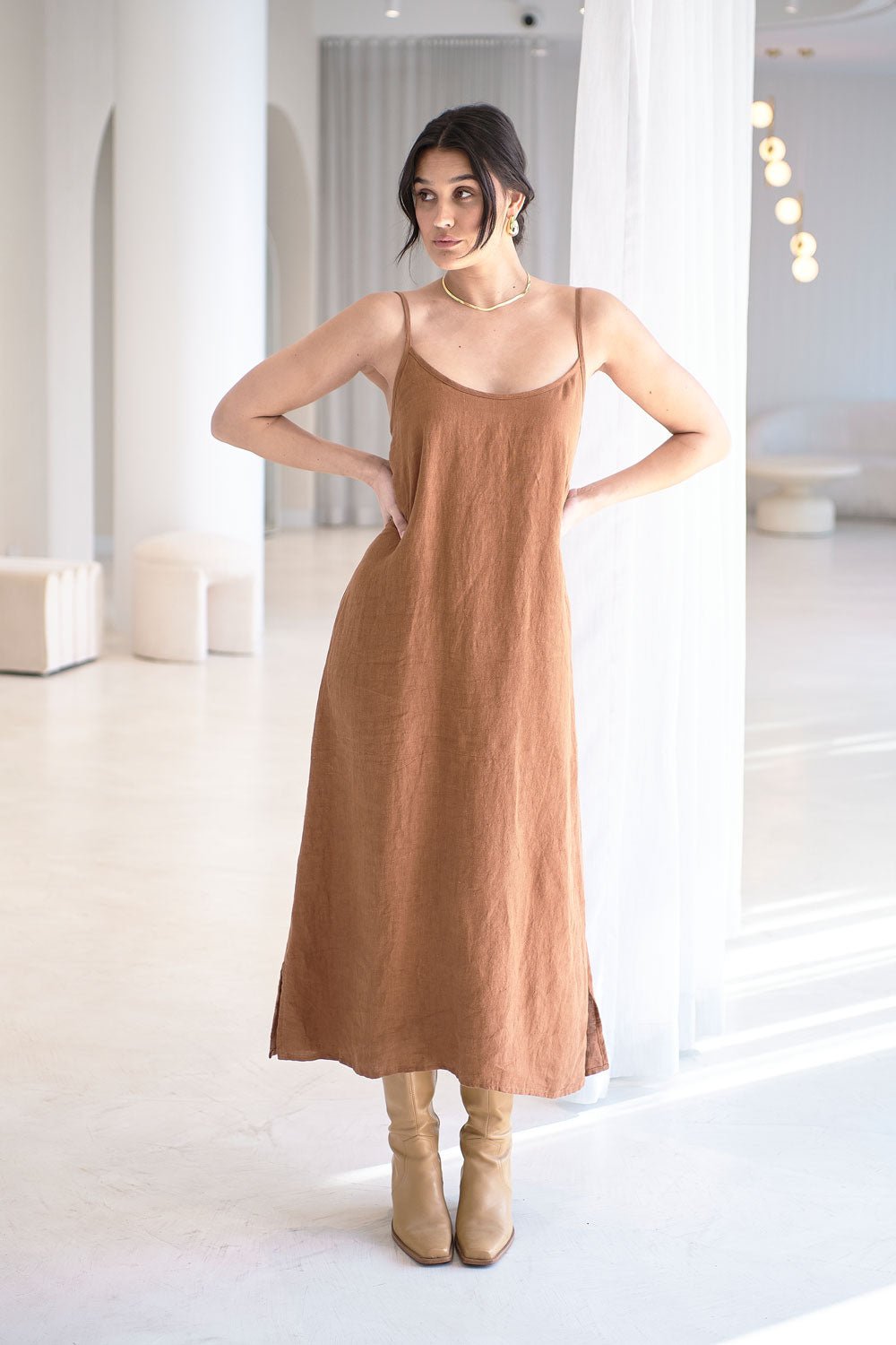 Midi Linen Slip Dress - Nutmeg - Eadie Lifestyle