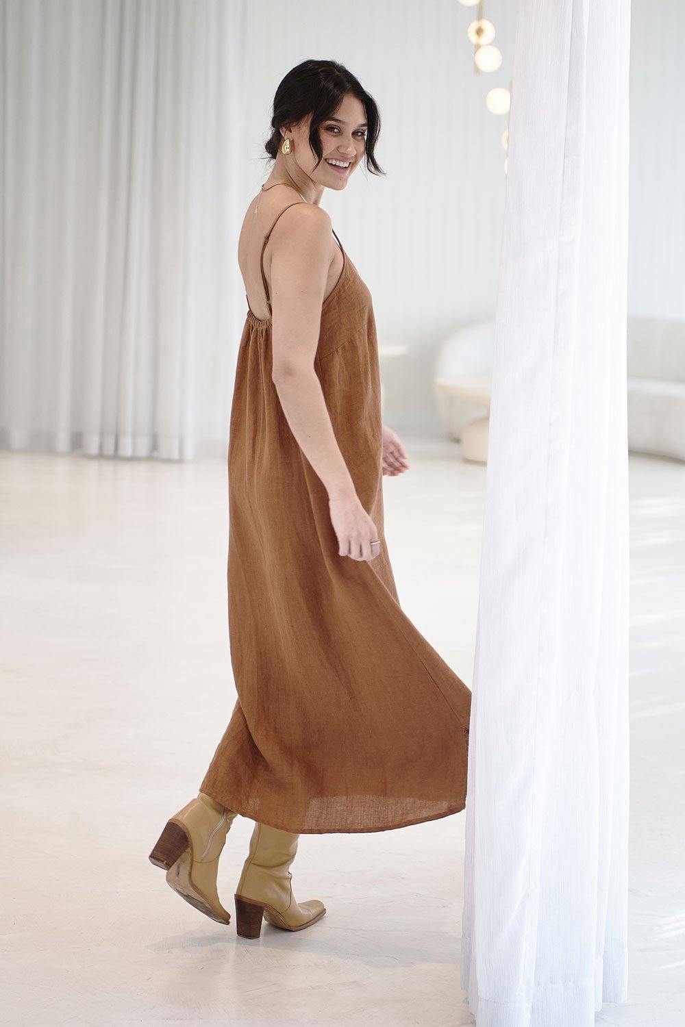 Midi Linen Slip Dress - Nutmeg - Eadie Lifestyle