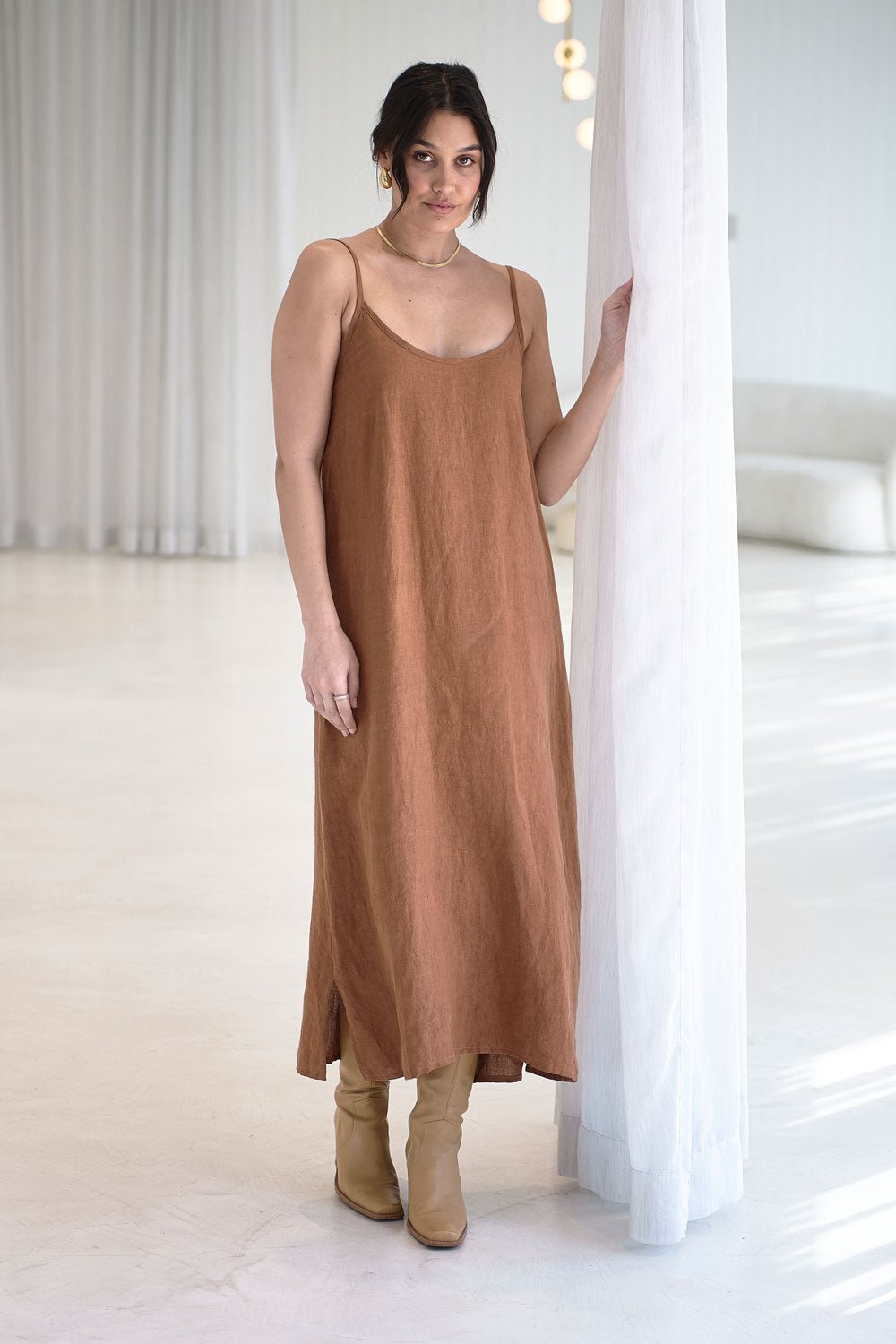 Midi Linen Slip Dress - Nutmeg - Eadie Lifestyle