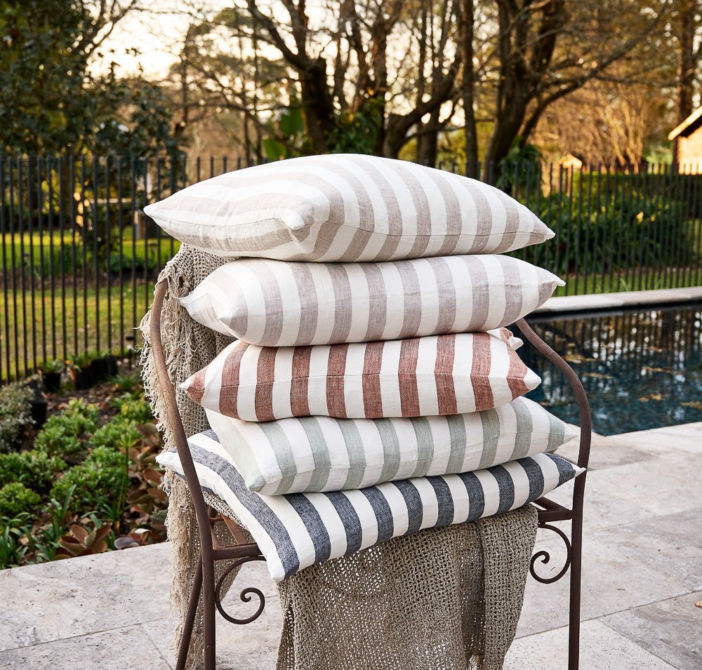 White Striped Outdoor Linen Cushion Eadie Lifestyle