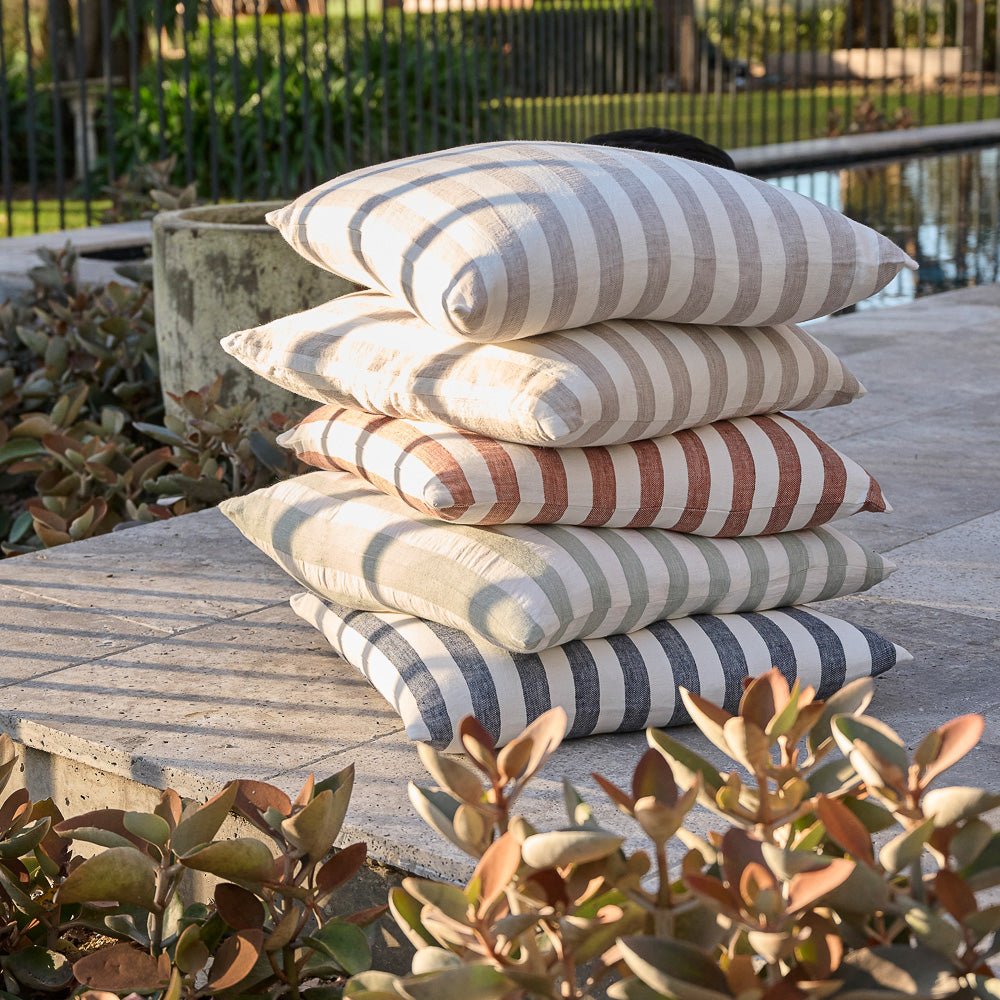 Santi Outdoor Linen Cushion - White/Navy Stripe - Eadie Lifestyle