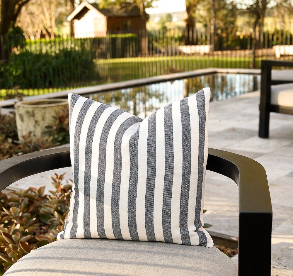 Santi Outdoor Linen Cushion - White/Navy Stripe - Eadie Lifestyle