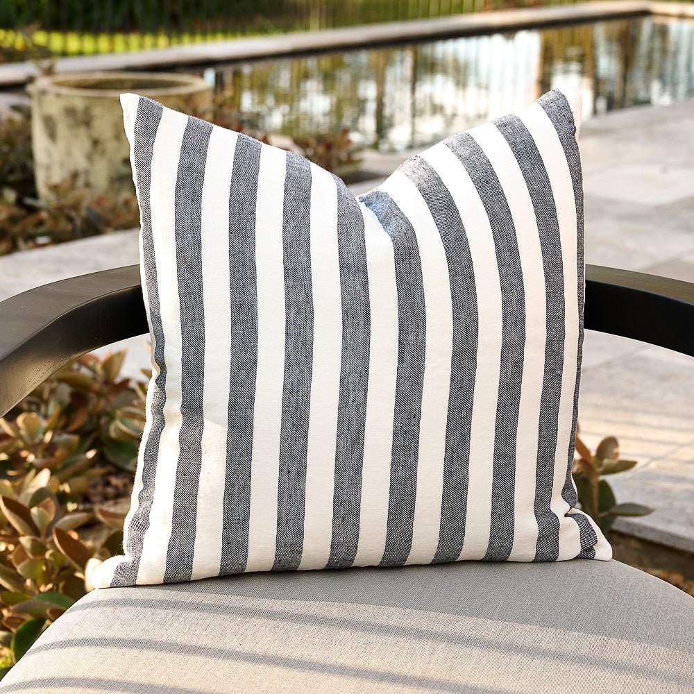 Santi Outdoor Linen Cushion - White/Navy Stripe - Eadie Lifestyle