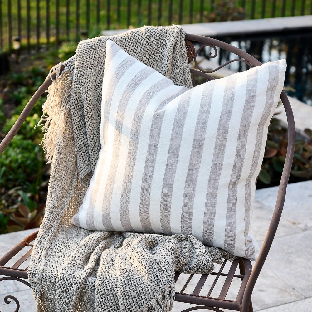 Santi Outdoor Linen Cushion - White/Silver Stripe - Eadie Lifestyle