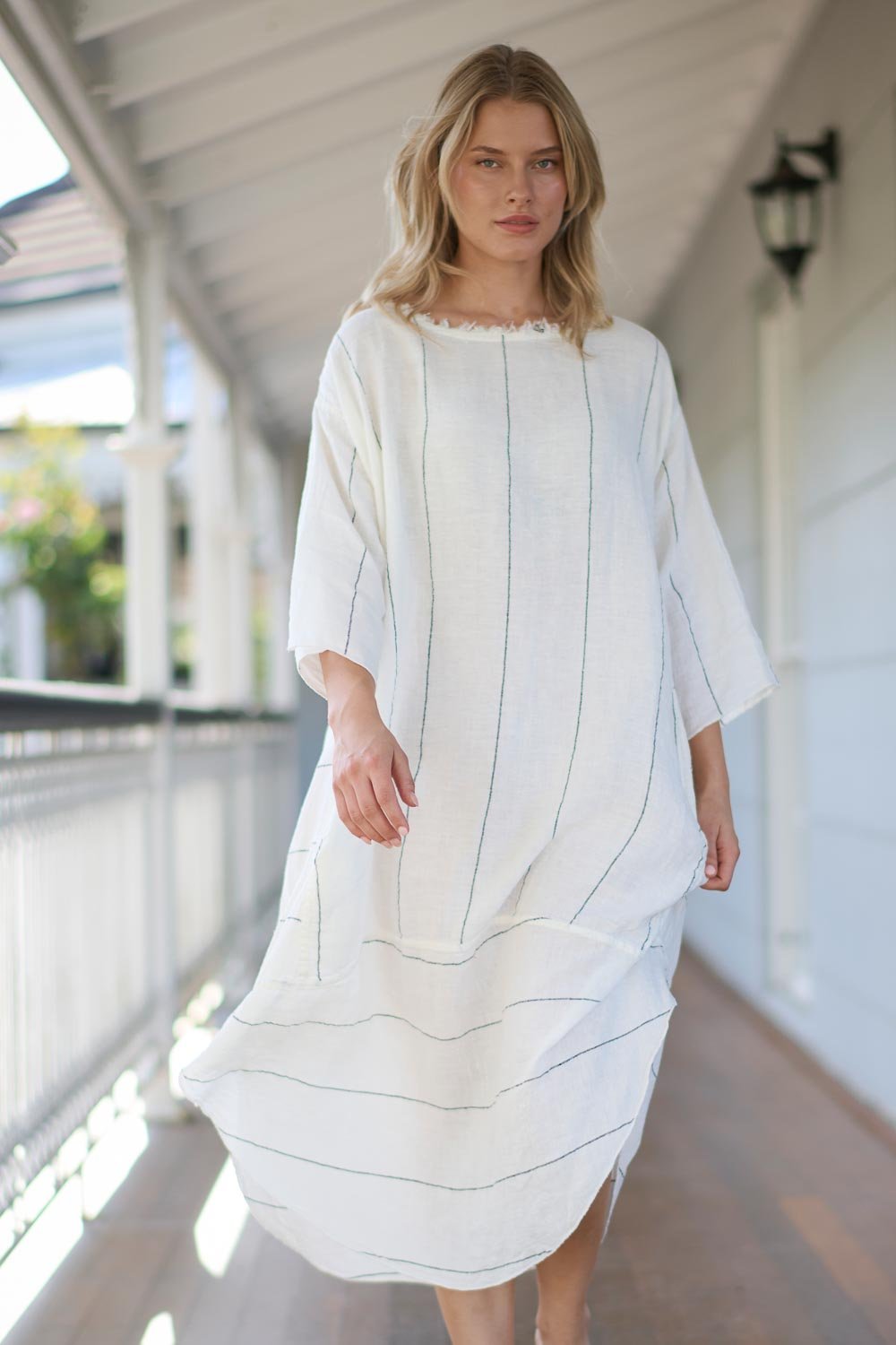 The Carter Malle Linen Dress - Off White w/ Charcoal Fine Stripe