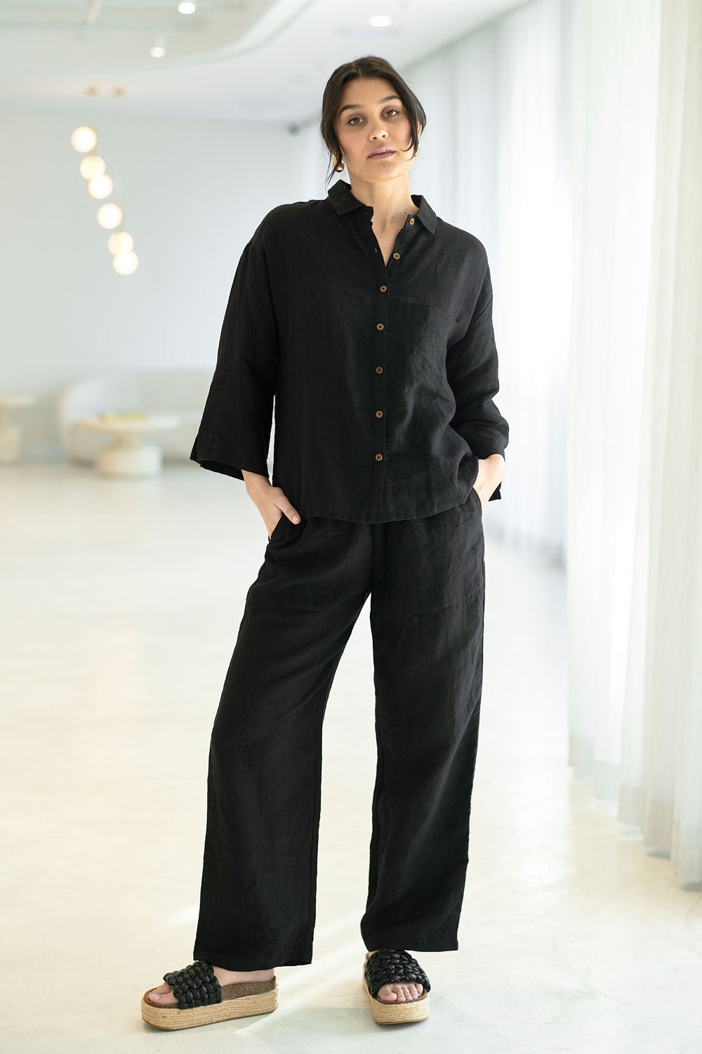 Wide Leg Linen Pant - Black  - Eadie Lifestyle